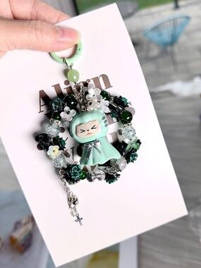 Mint Green Kawaii Charm Keychain with Floral Beads